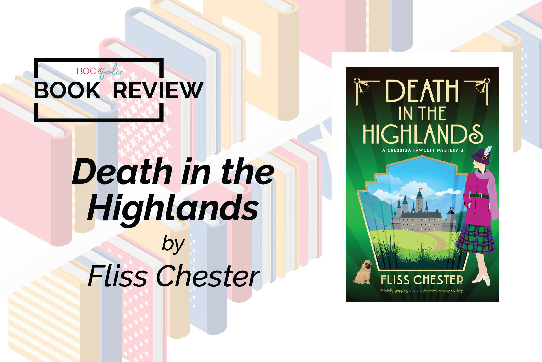 banner for book review for Death in the Highlands by Fliss Chester